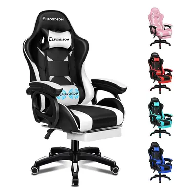 (Black & White) ELFORDSON Gaming Office Chair Racing Massage Computer Footrest