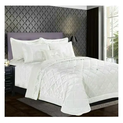 (White, Double) Luxury Crushed Santiago Velvet Bedspread Quilted Comforter Bed Throw Bedding Set