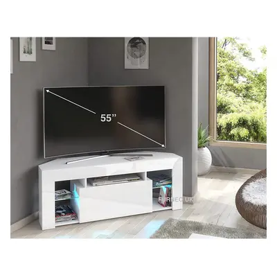 (RGB (multicoloured) LED Lights) White Corner TV Stand 125cm Unit Cabinet Gloss & Matt Milano05 