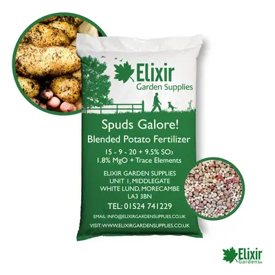 (Bag, 25kg) Elixir Gardens | Spuds Galore! Blended Potato Fertiliser/Plant Food 15-9-20 | 100g -