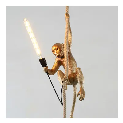 (Gold-rope monkey) Modern Black Monkey Lamp Hemp Rope Pendant Lights American Country Resin Loft