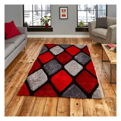 (120x170cm) Noble House Rugs NH9247 Grey Red Textured 3D Effect Hand Carved Geometric Mats