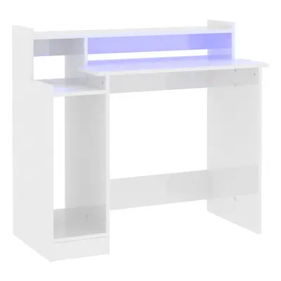 (High gloss white) vidaXL Desk with LED Lights Computer Table Study Writing Desk Engineered Wood