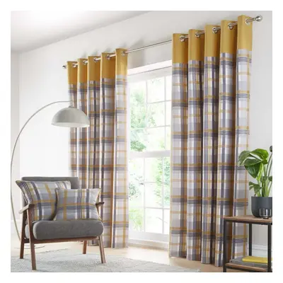 (66 x 90" (168x229cm)) Check curtains eyelet ring top lined ochre yellow grey taupe tartan ready