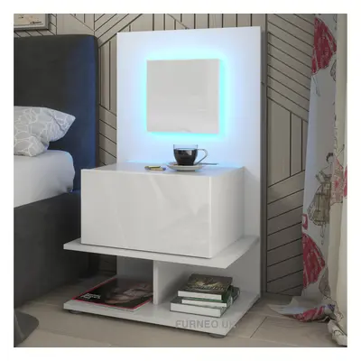 (White LED Lights) White Bedside Table Cabinet Nightstand With Drawer & Shelf Gloss & Matt Clift