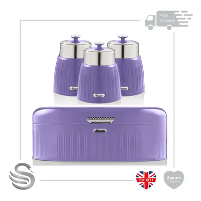 (Purple) Swan Retro Bread Bin & Set of Canisters Stainless Steel Chrome Easy Wipe Clean