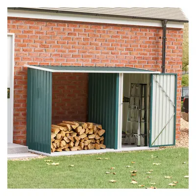 (Green) Steel Outdoor Garden Storage Shed with Log Stacking Rack