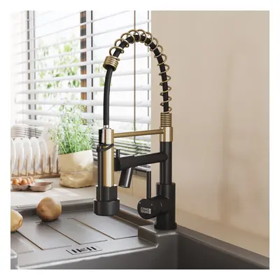 (Golden + Black) Stainless Steel Kitchen Faucet with Pull Down Spring Spout and Pot Filler