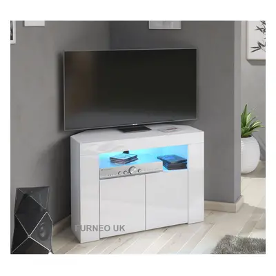 (RGB (multicoloured) LED Lights ) White Corner TV Stand Cabinet Gloss & Matt Unit Clifton07 LED 