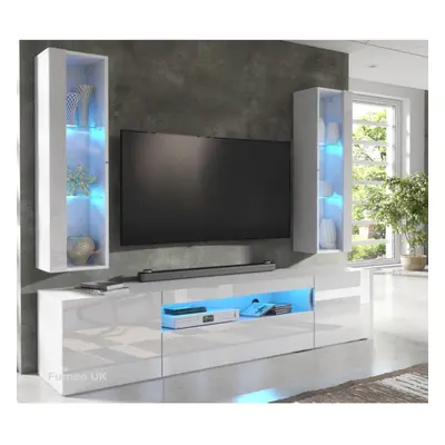 (RGB (multicoloured) LED Lights) Gloss & Matt White Living Room Set TV Stand Display Cabinets Ar