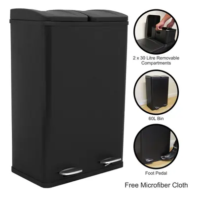 (Black) Large Double Pedal Bin 60L Dual Rubbish Recycling Waste Dustbin