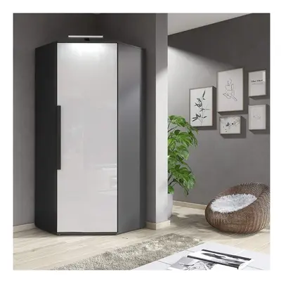 (With LED Lights) White Gloss & Matt Graphite Corner Wardrobe Closet Storage Clifton 14G LED Lig