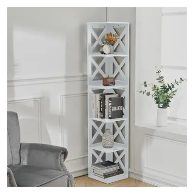 (6 Tier White) Tall Wooden Corner Storage Shelf Bookshelf Display Cabinet Rack