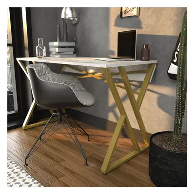 (White Marble Effec/Gold Colour) Decorotika - Gyza Industrial cm Wide Modern Writing Desk Home O