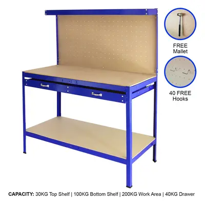 (Blue) Workbench With Pegboard And Drawer Tool Garage Storage Heavy-Duty Steel Workshop DIY