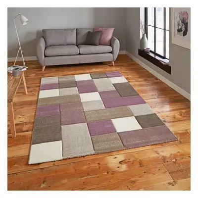 (120x170cm) Brooklyn Modern Rugs in Squares of Beige and Purple Thick Soft Mats