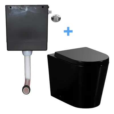 Rimless Back to Wall Toilet WC BTW Soft Close Seat Concealed Cistern Matt Black