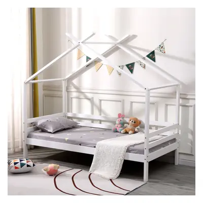 (White No Trundle, No Mattress) Teddy Kids Wooden House Treehouse Single Bed & Optional Trundle 