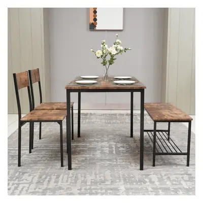 (Brown) 4pcs Dining Table and Chairs Set Wooden Bench Seat