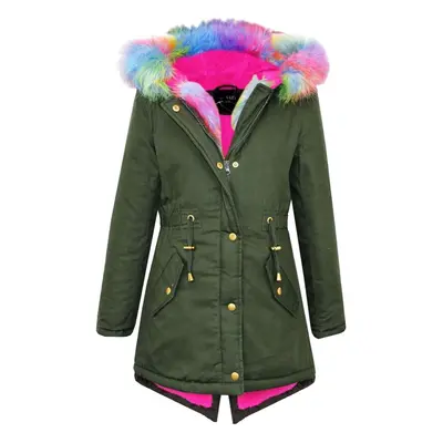 (11-12 Years, Khaki) Girls Hooded Jacket Leopard Fur Parka School Coat