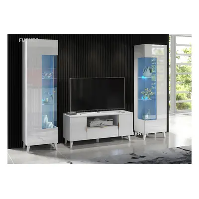 (White LED Lights) White Living Room Set High Gloss & Matt TV Stand Display Cabinets Azzurro8/12