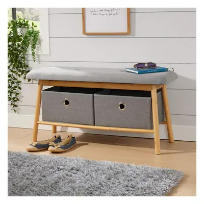 Home Source Jenson Bamboo Grey Padded Storage Bench Hallway Unit with Pull Out Storage Boxes