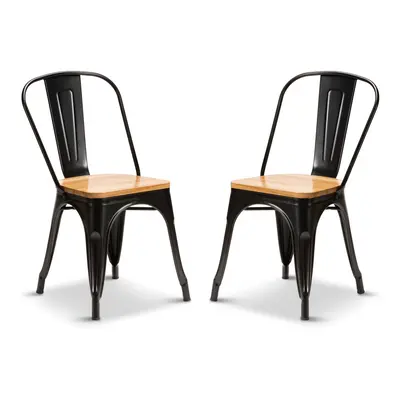 (Matt Black, Oak Wood) Tolix Style Industrial Metal Stacking Dining Chairs Cafe Bistro