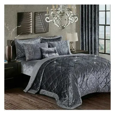 (Grey, King) Luxury Crushed Santiago Velvet Bedspread Quilted Comforter Bed Throw Bedding Set