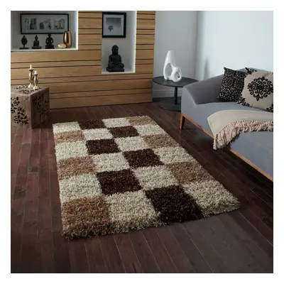 (80x150cm) Vista Shaggy Rugs Check Beige Brown Small Large Thick Soft High Pile Mats