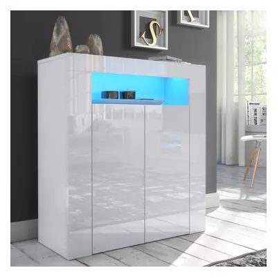 (Blue LED Lights) White 2-door Sideboard Cabinet Gloss & Matt Cupboard Clifton01 LED Lights