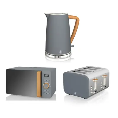 (Grey) Swan Nordic 1.7 Litre Jug Kettle, Slice Toaster & Microwave 800W LED Freestanding