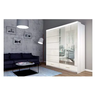 (White, 205cm) Modern Bedroom High Gloss Sliding door Wardrobe Sizes Colours with Long LED