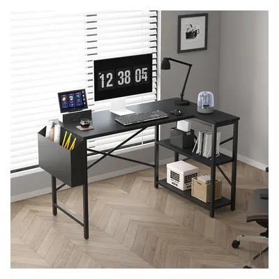 (120CM, Black) Corner Desk Shaped Reversible With Bookshelf