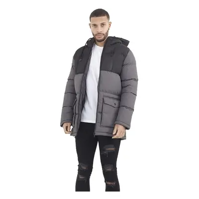 (Black Grey, XL) Mens Hooded Padded Full Zip Up Quilted Jackets