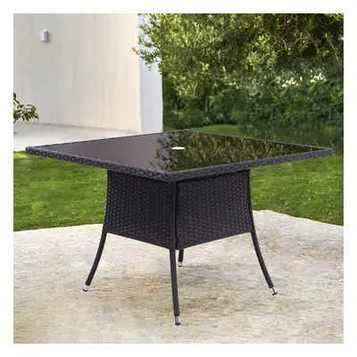 (Black) Outdoor Patio Rattan Dining Table Garden Coffee Table Parasol Hole