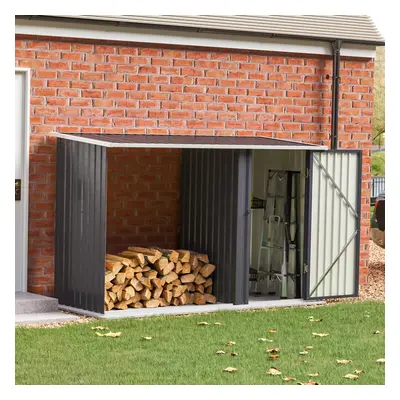 (Charcoal Black) Steel Outdoor Garden Storage Shed with Log Stacking Rack