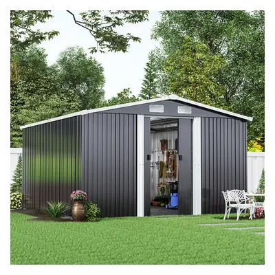 Metal Shed x ft Garden Storage Shed Apex Roof Double Door with Foundation Base, Charcoal Black