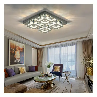 (42cm Head-Square, Cool White) Modern LED Ceiling Light Crystal Flush Chandelier