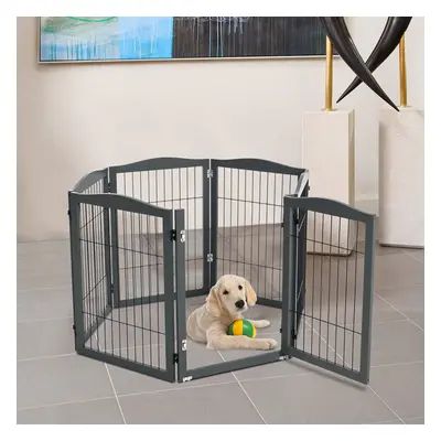 (Grey, Panels) Freestanding Wooden Pet Dog Gate Children Playpen Safety Fence Barrier Divider