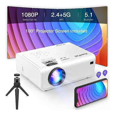 (White) Projector, XuanPad Native HD 1080P 5G WiFi Bluetooth Projector, Outdoor Movie Projector 