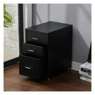 (Black) Drawers Metal Filing Cabinet w/ Wheels Compact Under Desk