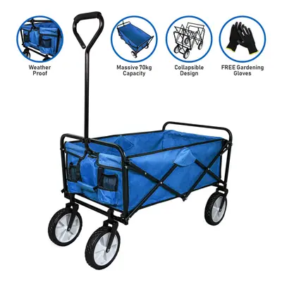 (Blue ) Foldable Garden Cart Red Pull Wagon Trolley Folding