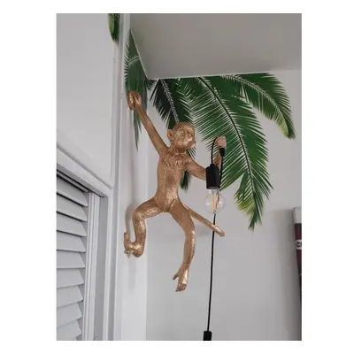 (Gold-LeftHand down) Modern Black Monkey Lamp Hemp Rope Pendant Lights American Country Resin Lo