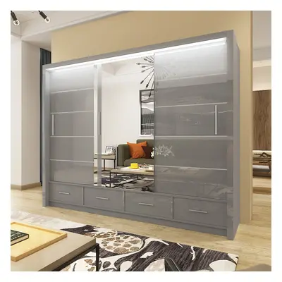 (257cm, Grey) High Gloss Sliding Mirror Door Sycylia Wardrobe