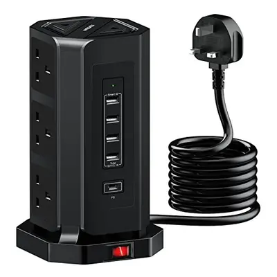 Extension Lead Tower with USB Slots, NVEESHOX Way Plug Extension and USB Ports (1 USB-C /18W Fas