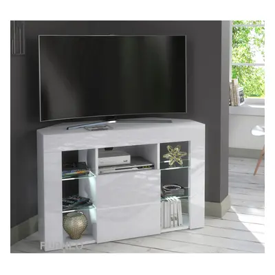 (White LED Lights) White Corner TV Stand 100cm Gloss & Matt Venico02 LED Lights