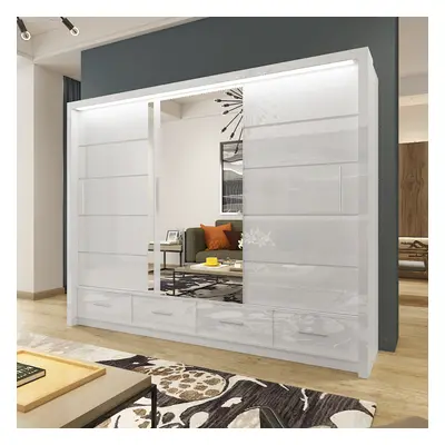 (257cm, White) High Gloss Sliding Mirror Door Sycylia Wardrobe