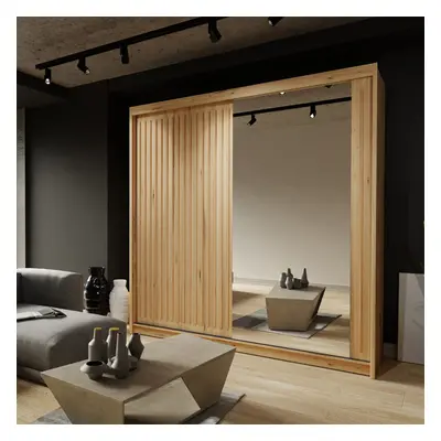 (Oak, 203cm) Modern Royal Sliding Mirror Door Wardrobe