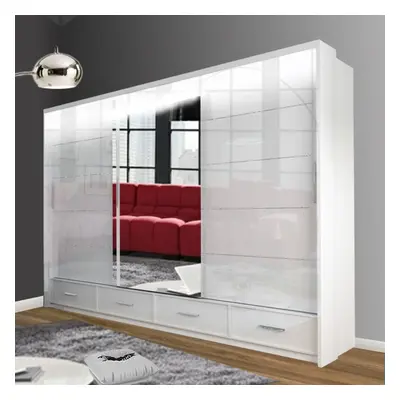 (White, 255cm) MN FURNITURE High Gloss Sliding Mirror Wardrobe