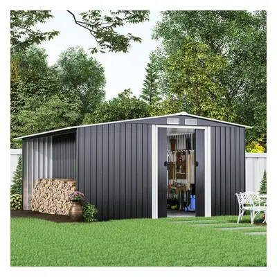 8ft x 8ft Metal Garden Tools Shed With Firewood Log Storage-Dark Grey